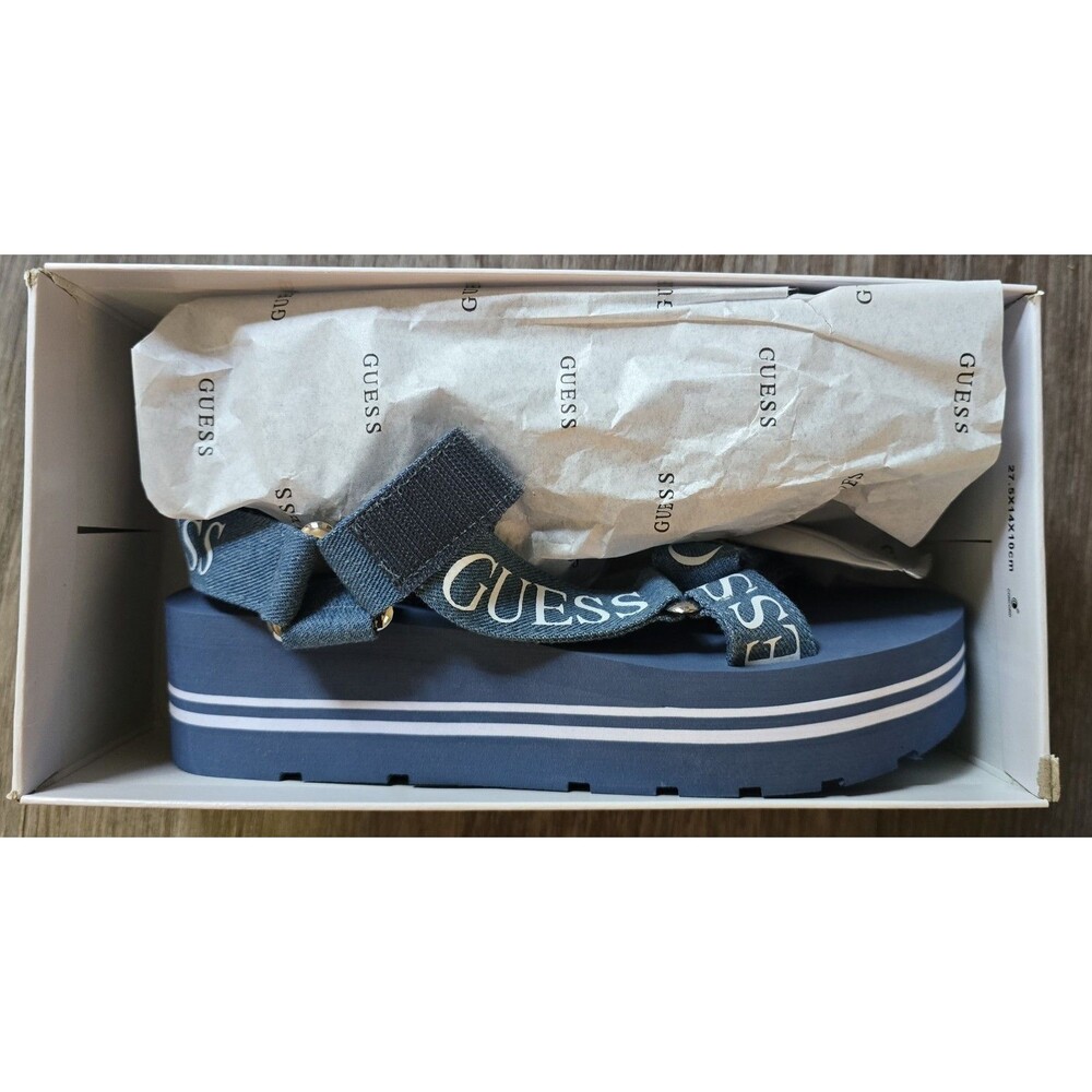 New Guess Womens 7.5 Avin3 Platform Flatform Wedge Sandals Blue Denim LogoY2K
